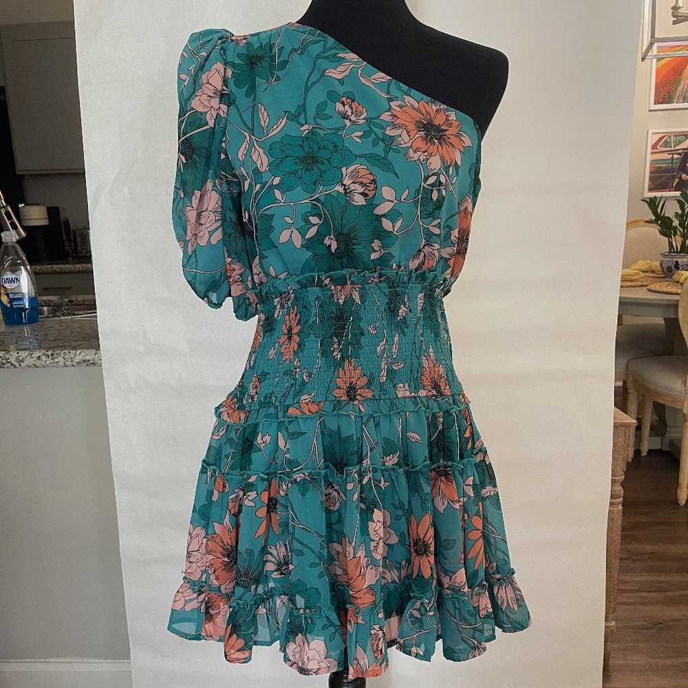 Teal Floral One Shoulder Dress